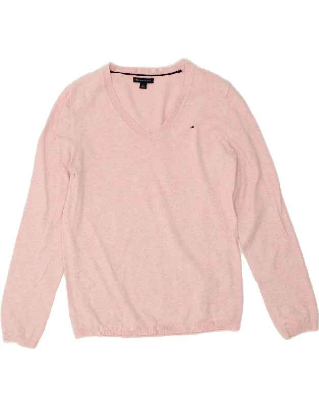 Deal Dash TOMMY HILFIGER Womens V-Neck Jumper Sweater UK 12 Medium Pink Cotton