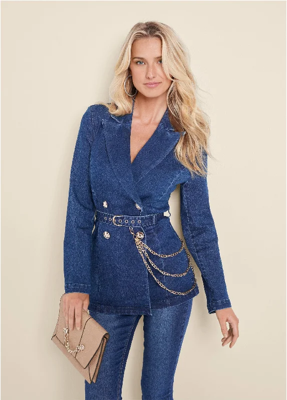 Weekend Flash Sale Chain Detail Belted Jean Jacket - Medium Wash