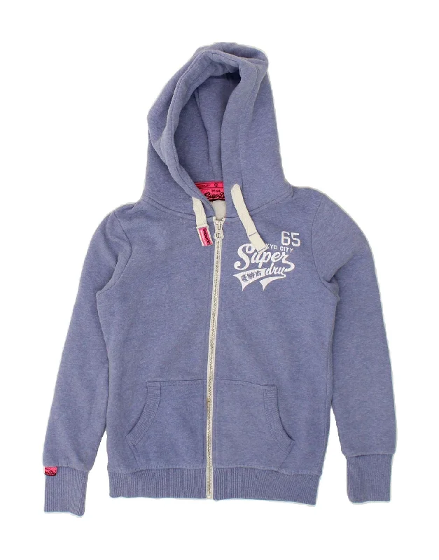 Super Sale SUPERDRY Womens Graphic Zip Hoodie Sweater UK 10 Small Navy Blue Cotton