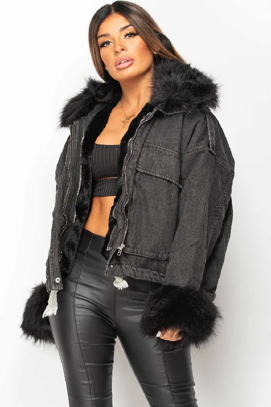 Stock Up and Save Black Denim Faux Fur Oversized Jacket