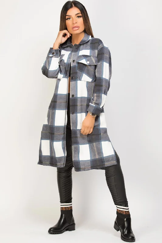 Huge Discounts Longline Check Shacket Navy