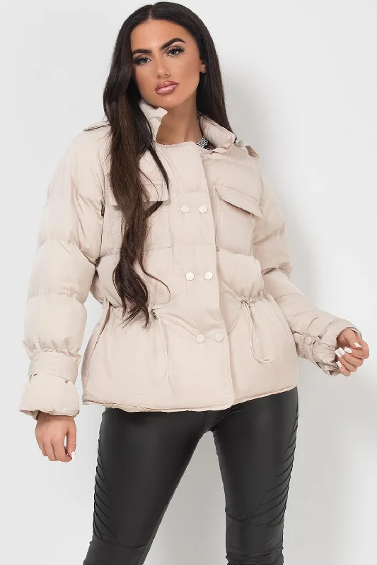 While Supplies Last Puffer Jacket With Elasticated Drawstring Beige