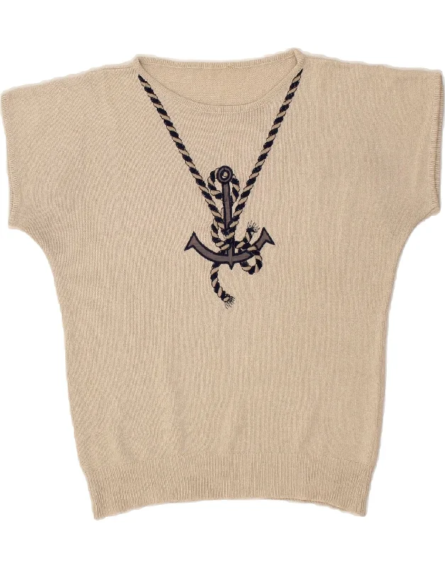 Shop and Save VINTAGE Womens Short Sleeve Crew Neck Jumper Sweater UK 14 Medium Beige