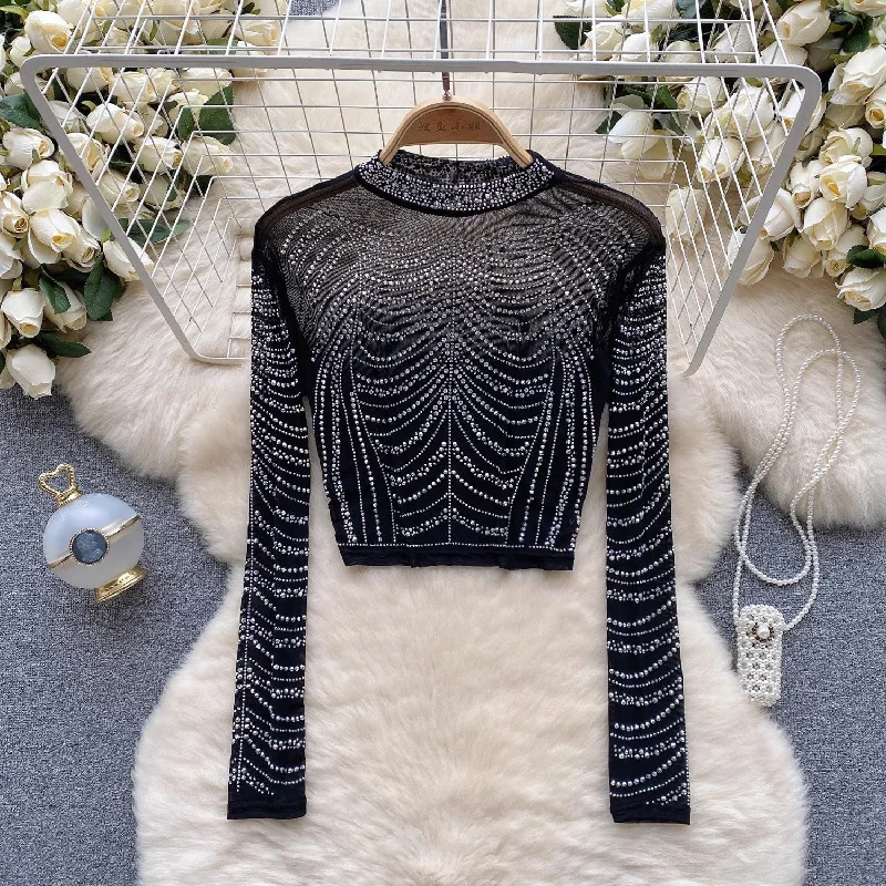 Buy More, Save More long-sleeved T-shirt women's diamond mesh design top   S4496