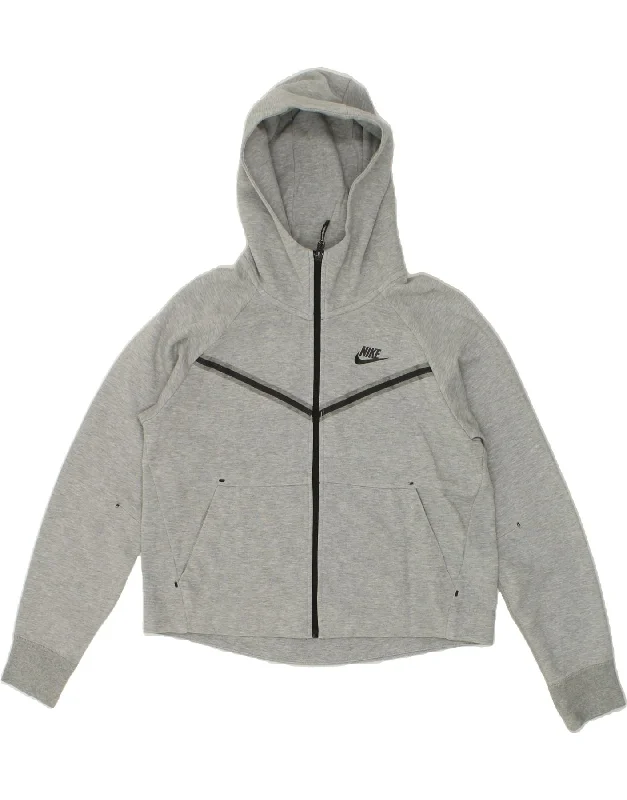 Act Now NIKE Womens Oversized Crop Zip Hoodie Sweater UK 10 Small Grey Cotton