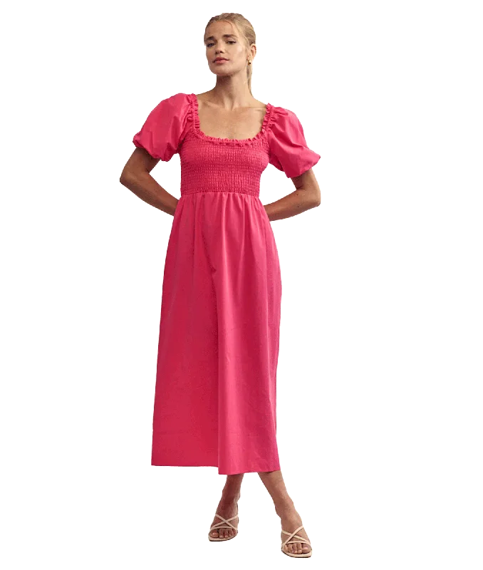 Puff Sleeve Beau Midi Dress - Pink