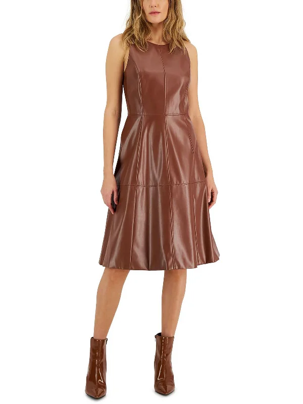 Womens Faux Leather Sleeveless Fit & Flare Dress