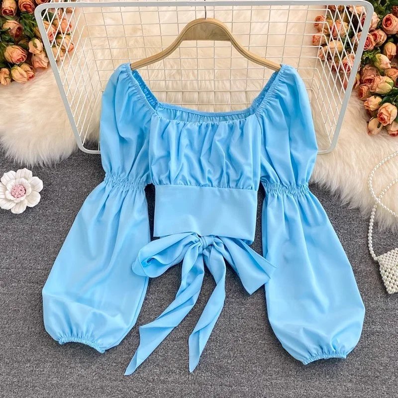 Weekend Deal Square Neck Backless Long Sleeve Short Top     S4189