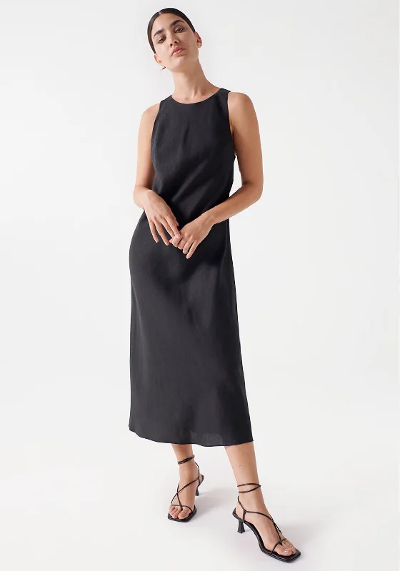 Salsa Open Back Linen Midi Dress, Black