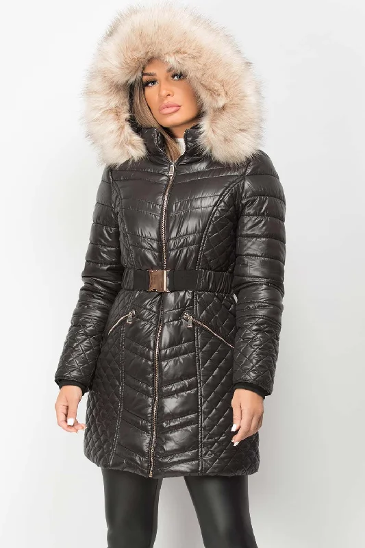 Reduced Prices Big Faux Fur Hooded Padded Coat With Belt Black