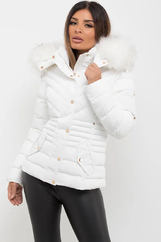 Deal Frenzy White Puffer Coat With Big Faux Fur Hood