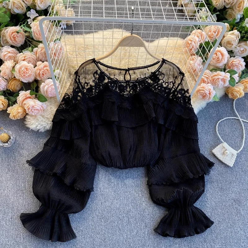 YEAR-End Sale French gentle style top for women see-through ruffled puff sleeve chiffon top     S4621