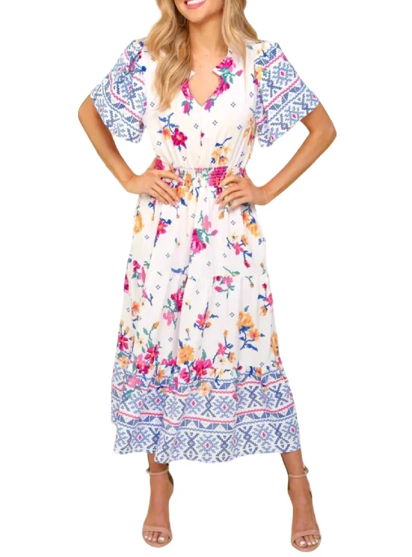 YEAR-End Clearance Floral Fit And Flare Maxi Dress In Ivory/blue