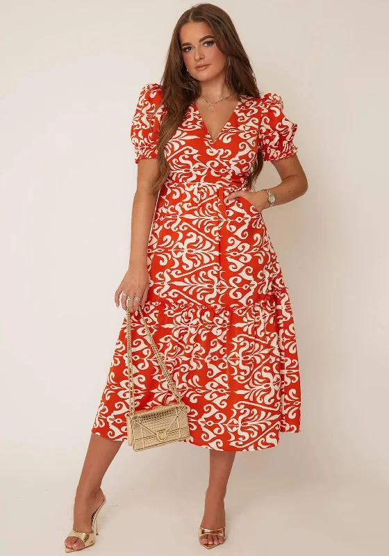 Midnight Madness Girl In Mind Maya Print Tiered Midi Dress, Rust