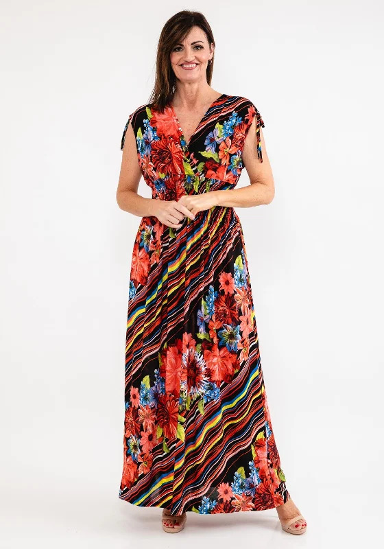 Markdowns Seventy1 Stripe & Floral Maxi Dress, Black & Coral Multi