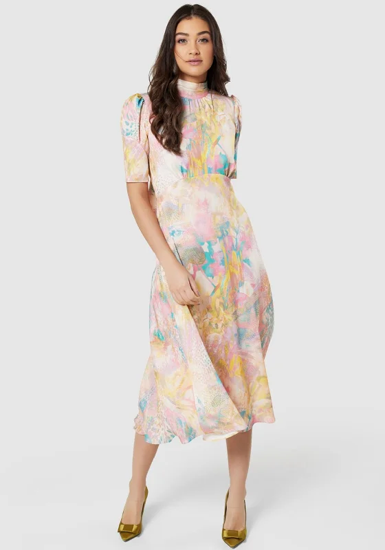 Hurry In Closet London Multi Marble Print A-Line Midi Dress, Soft Pink