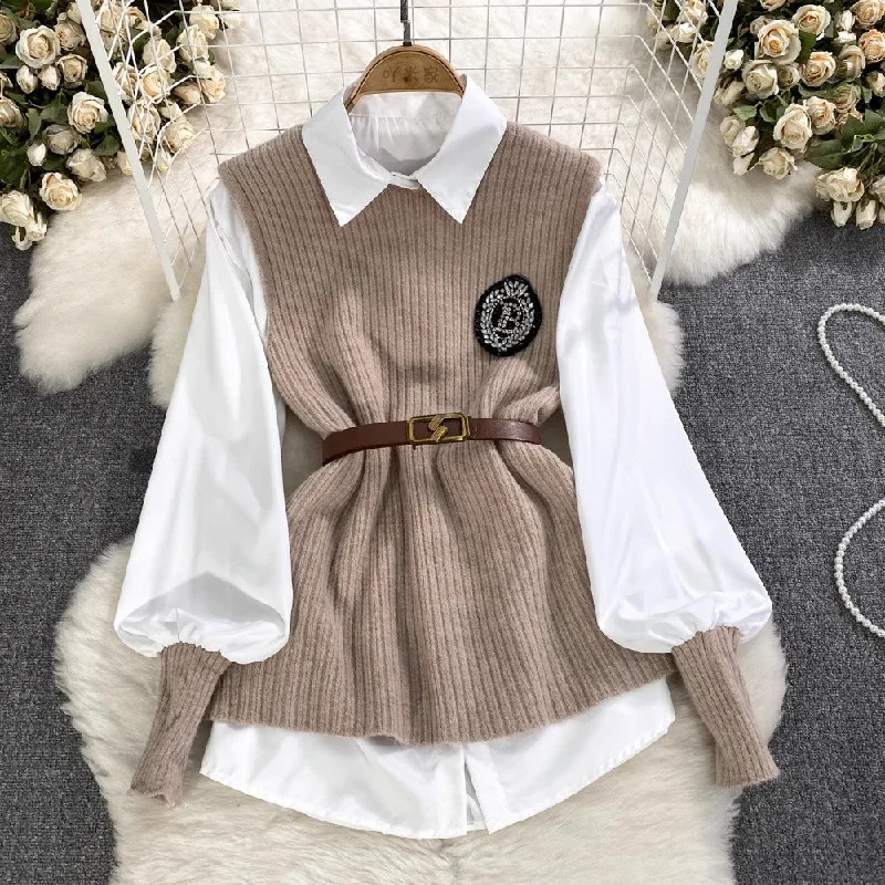 Time-Limited Offer lantern long-sleeved mid-length shirt knitted vest two-piece suit for women S3999 Time-Limited Offer lantern long-sleeved mid-length shirt knitted vest two-piece suit for women S3999