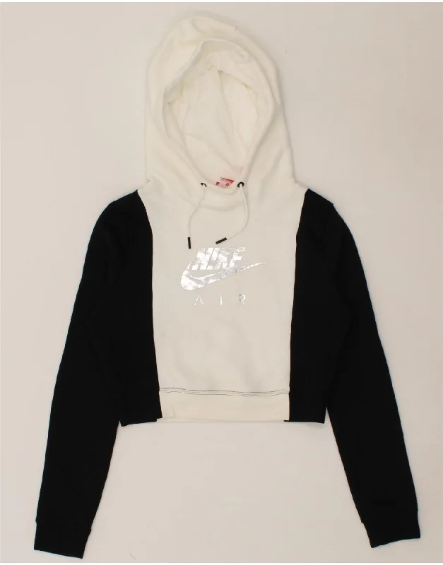 Can't Miss NIKE Womens Oversized Graphic Crop Hoodie Jumper UK 6 XS White Colourblock
