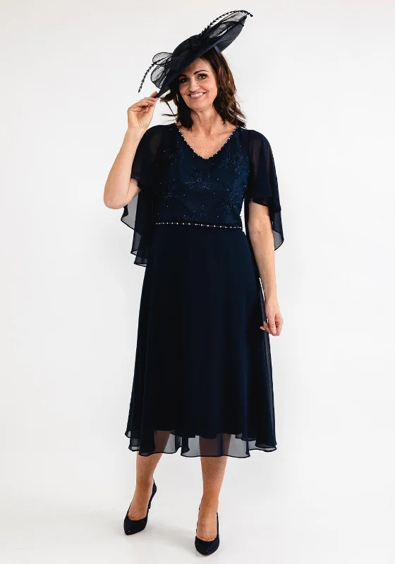 Weekend Flash Sale Lizabella Floral Bodice Chiffon Midi Dress, Navy