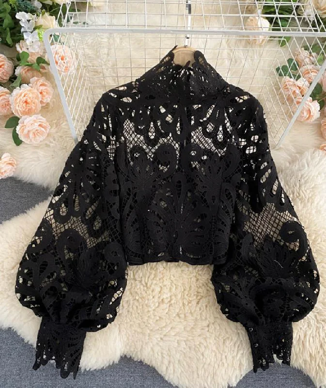 While Supplies Last Stylish Hollow Lace Top Puff Sleeve Top     S4386