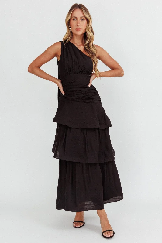 Don't Miss Kenny One Shoulder Tiered Maxi Dress Solid Black