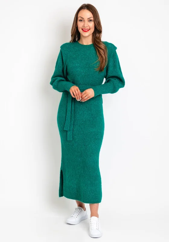 ICHI Shoulder Panel Wool Midi Dress, Green