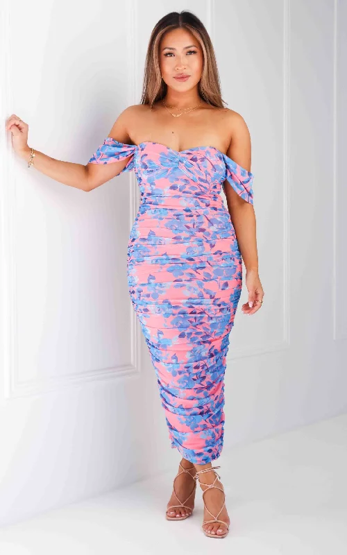 New Markdowns Jalvina Mesh Midi Dress - Pink Blue Floral