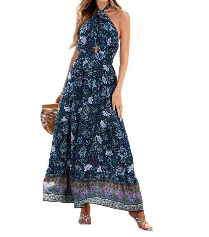 Best Bargains Floral Print Halter Tie Maxi Dress In Navy Floral