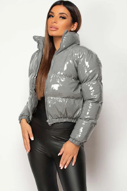 Year-End Sale Grey Shiny Vinyl Puffer Jacket Cropped