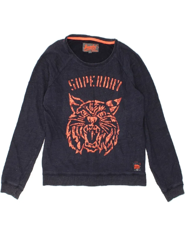 Clearance Event SUPERDRY Womens Graphic Sweatshirt Jumper UK 16 Large Navy Blue Flecked