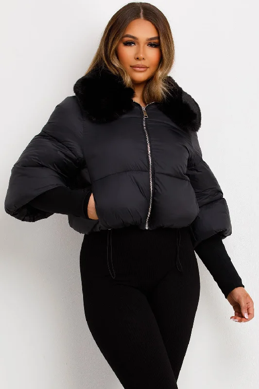 Faux Fur Collar Puffer Jacket Black