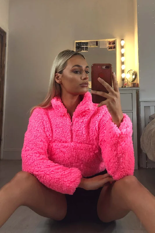 New Arrival Neon Pink Teddy Bear Pullover Jacket
