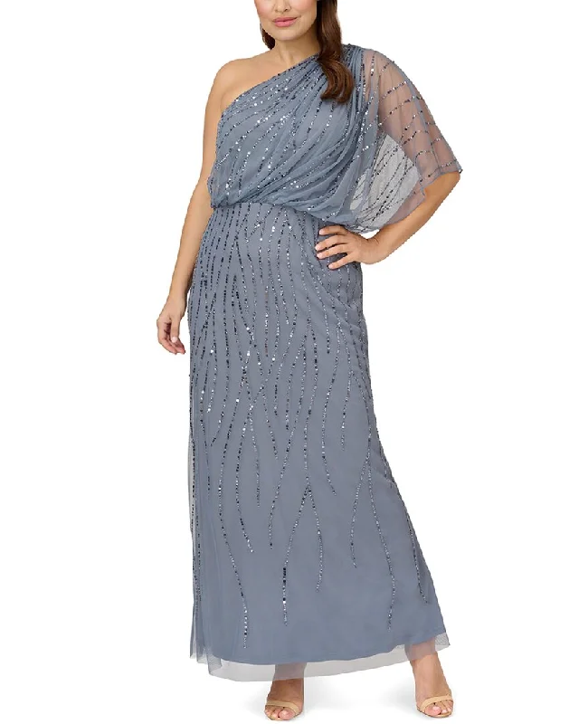 Adrianna Papell Long One Shoulder Beaded Dress