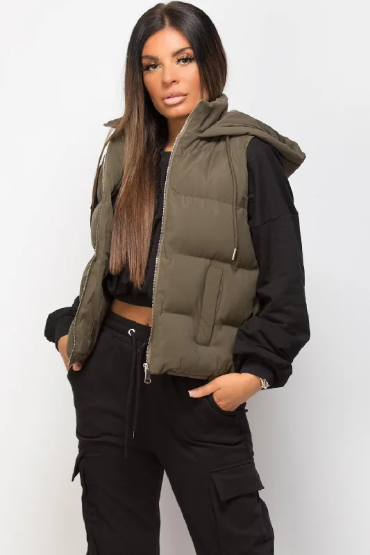 Final Markdown Hooded Padded Gilet Sleeveless Jacket Khaki