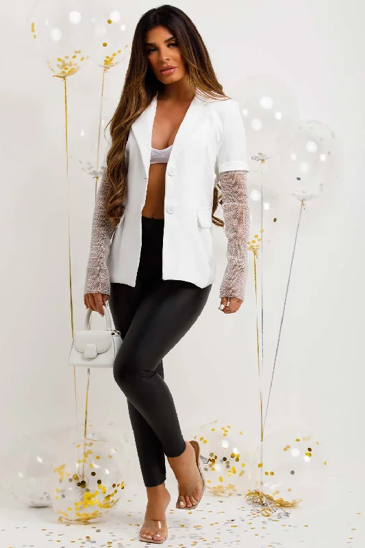 Instant Discount White Blazer With Diamante Net Sleeve