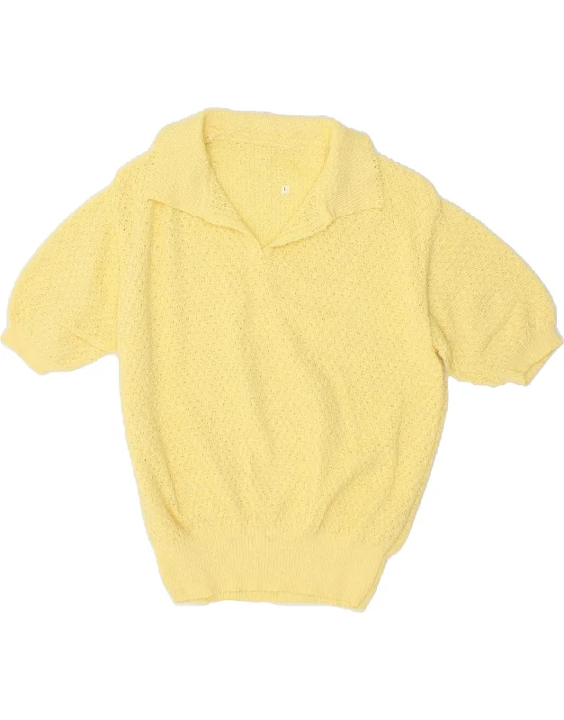 VINTAGE Womens Short Sleeve Polo Neck Jumper Sweater UK 14 Large Yellow