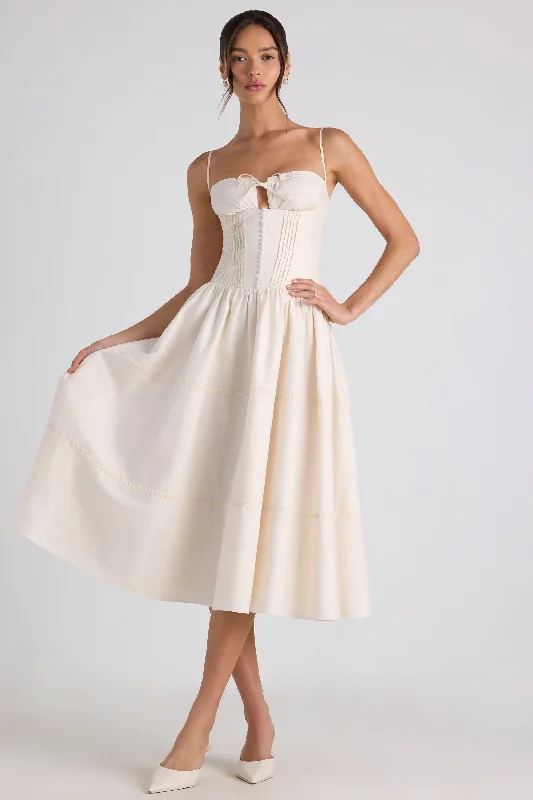 Take Advantage Lace-Trim Pintucked Poplin Midaxi Dress in Ivory