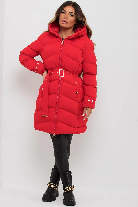 Red Long Puffer Coat With Belt And Gold Button Detail