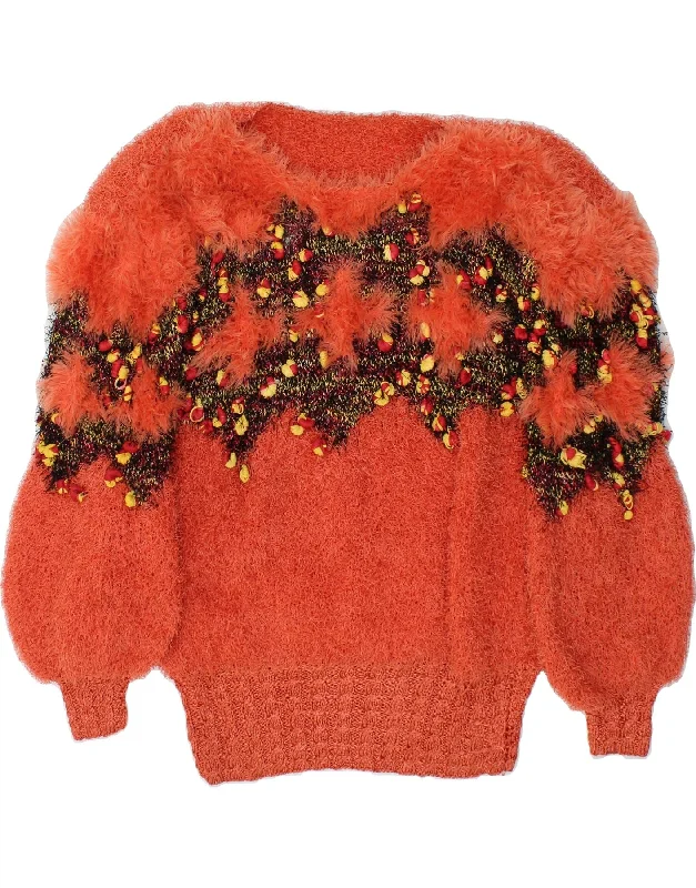 Online Only VINTAGE Womens 3/4 Sleeve Boat Neck Jumper Sweater UK 16 Large Orange