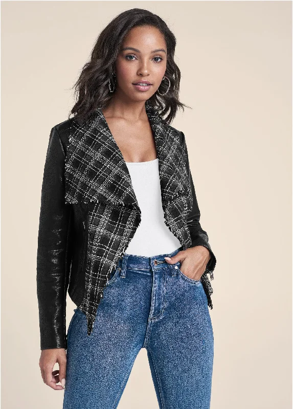 Daily Deals Faux Leather Tweed Jacket - Black Multi