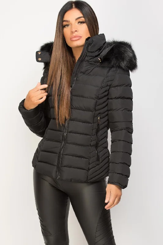Buy Now Black Puffer Jacket With Faux fur Hood And Quilted Detail