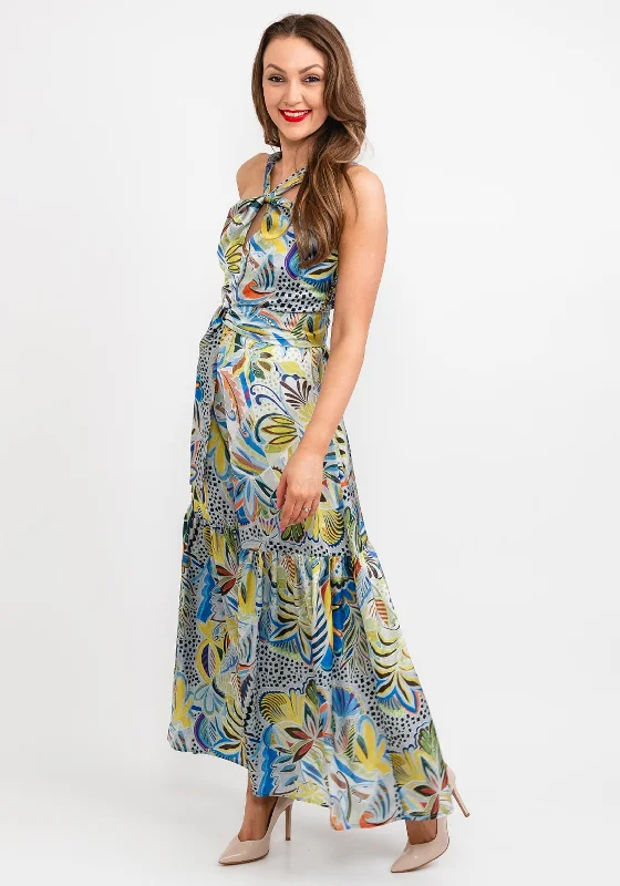 YEAR-End Sale Camelot Halter Neck Leaf Print Satin Maxi Dress, Green Multi