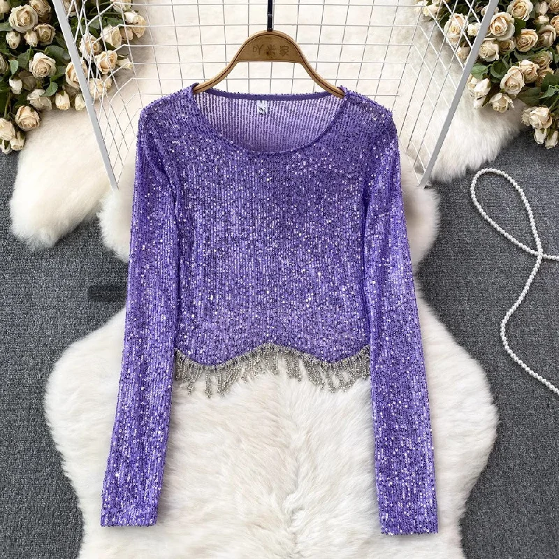 Mega Sale Fashionable sexy long-sleeved round neck sequins tassel T-shirt women's fashionable short top        S4217