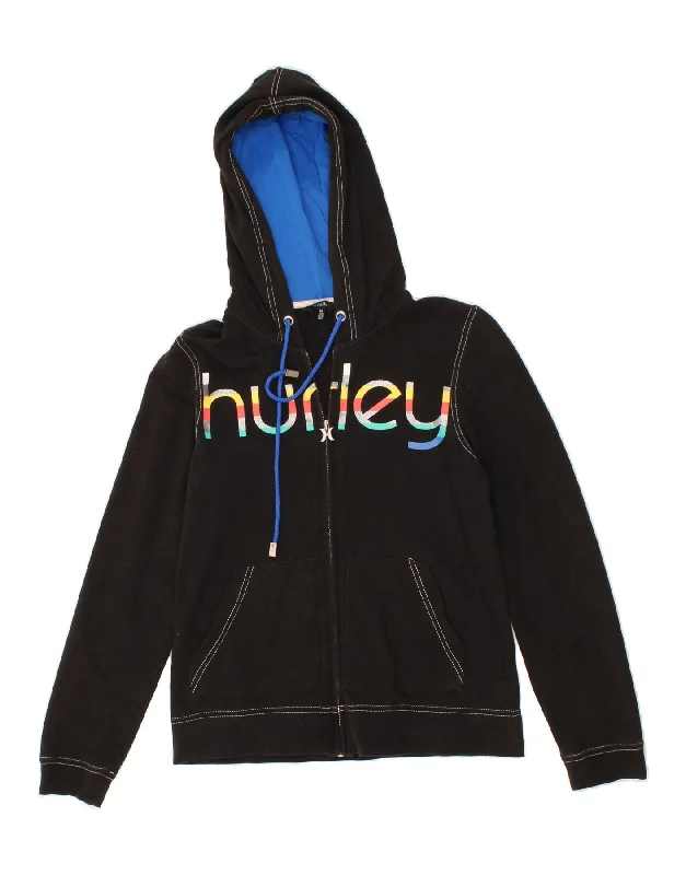 Daily Deals HURLEY Womens Graphic Zip Hoodie Sweater UK 12 Medium Black Cotton