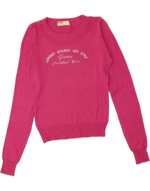 Savings Alert GURU Womens Graphic Boat Neck Jumper Sweater UK 10 Small Pink Cotton