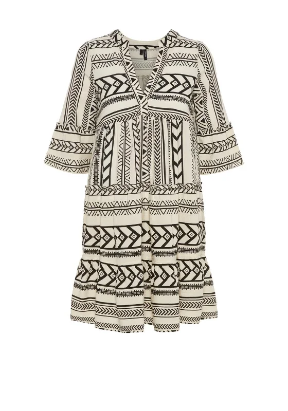 Vero Moda Aztec Print Tunic Smock Mini Dress, Ibiza Black & Birch