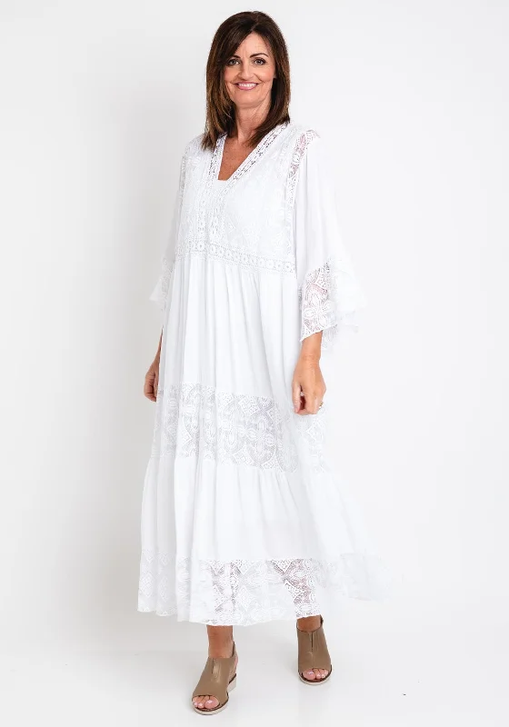 The Serafina Collection One Size Broidery Smock Maxi Dress, White