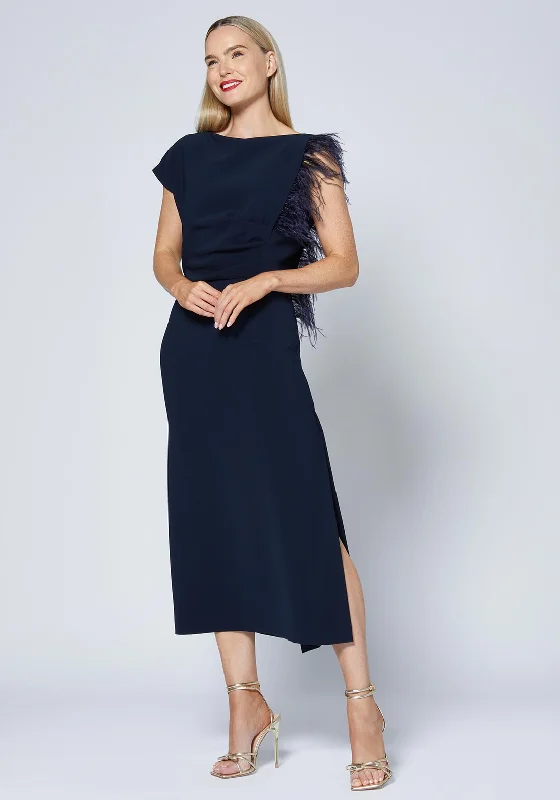 YEAR-End Clearance Caroline Kilkenny Trish Feather Shoulder Maxi Dress, Navy