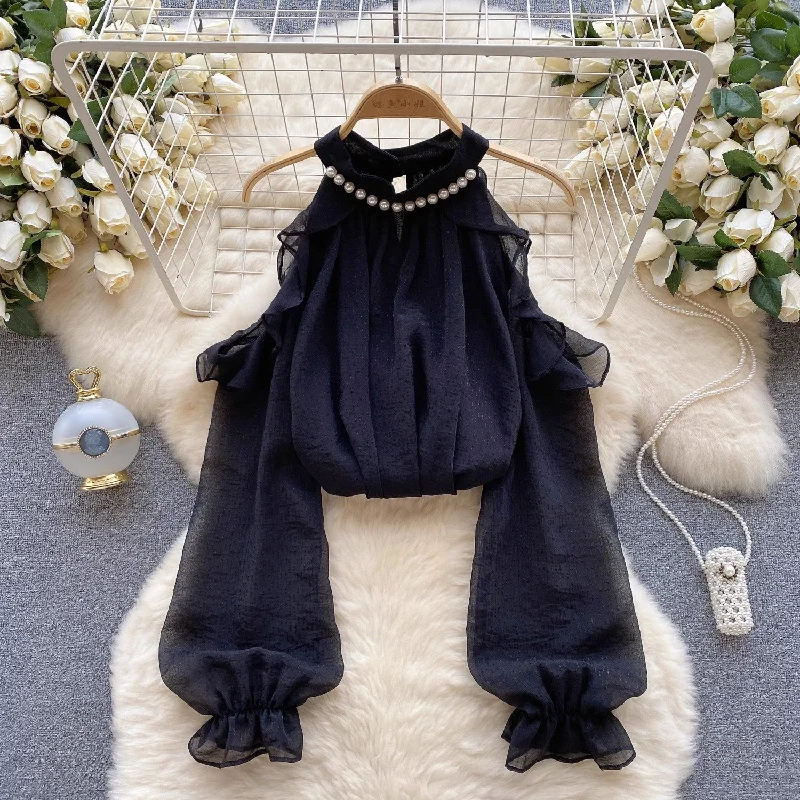 Limited Time Discount chiffon top women's long-sleeved beaded halterneck shirt     S4594