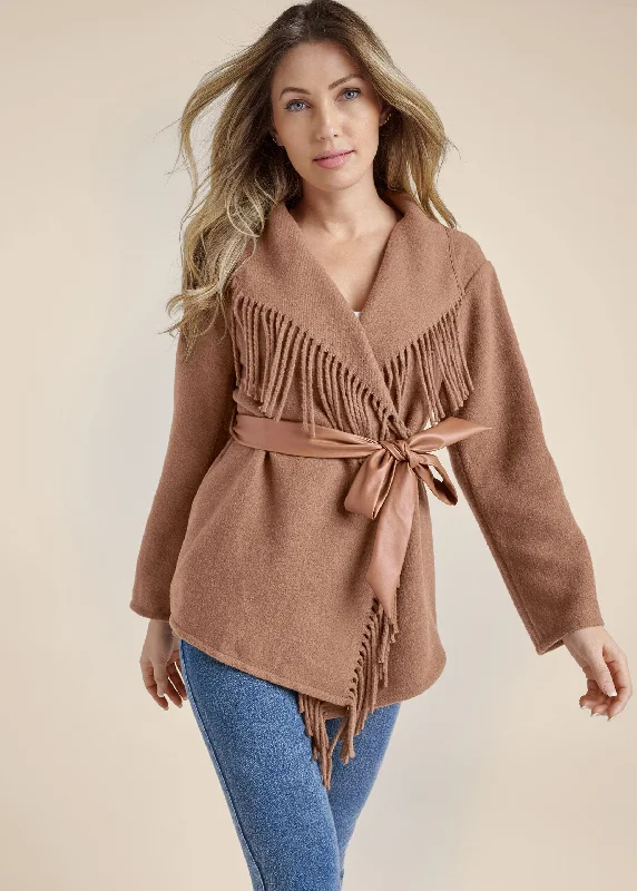 Limited Availability Belted Fringe Coat - Camel